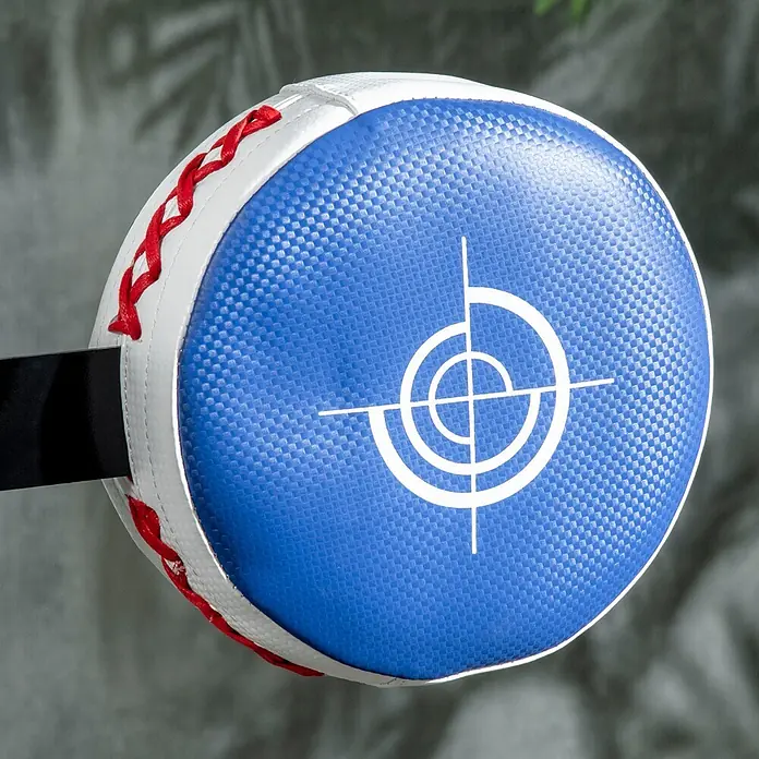 Sportnow Boxsack - Schwarz - Rundes blau-weißes Kampfkunst-Trittpolster mit Zielgrafik und roter Schnürung, aus Kunstleder gefertigt.