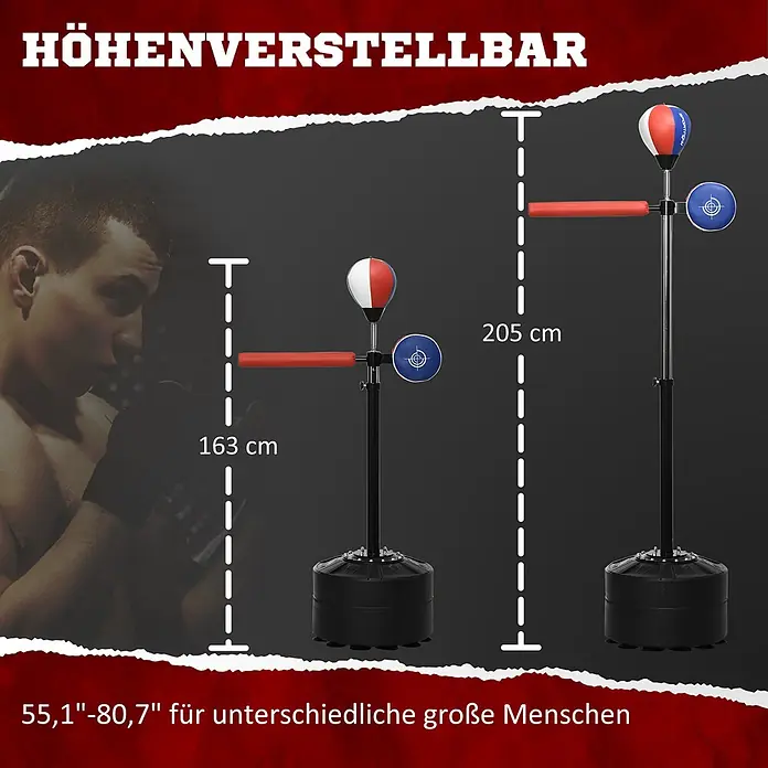 Sportnow Boxsack - Schwarz - Höhenverstellbarer schwarzer Reflex-Boxsackständer mit rot-weißem Speedball, roter Stange und blauem Zielpolster, gezeigt bei 163 cm und 205 cm.