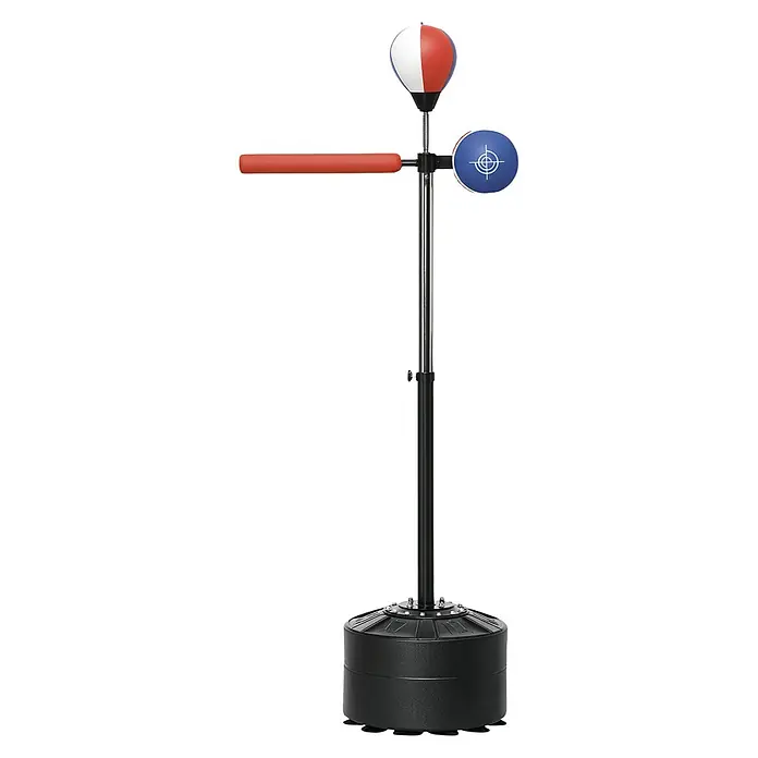 Sportnow Boxsack - Schwarz - Verstellbarer Boxständer in Schwarz-Chrom mit rot-weiß-blauem Speedball, blauem Zielball und rotem Drehstab.