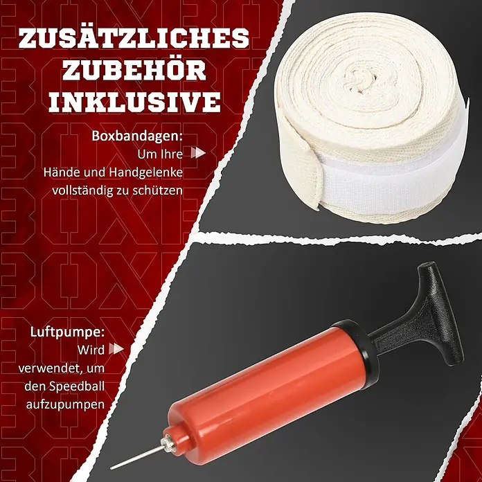 Sportnow Boxsack - Schwarz - Aufgerollte beigefarbene Boxbandagen mit weißem Klettverschluss und eine rot-schwarze Handluftpumpe mit Nadelaufsatz.