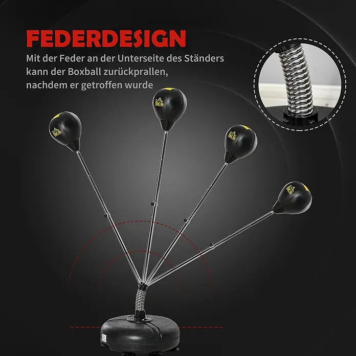 Homcom Boxsack - Schwarz - Schwarzer Boxball mit flexiblem, federndem Ständer auf schwarzem Fuß, der das Zurückprallen nach Schlägen ermöglicht.