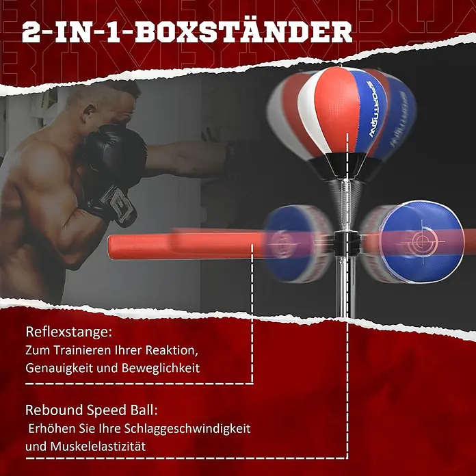 Sportnow Boxsack - Schwarz - Ein Mann trainiert mit einem 2-in-1 Boxständer, der einen rot-weiß-blauen Speed Ball und eine rote Reflexstange für Reaktion und Geschwindigkeit besitzt.