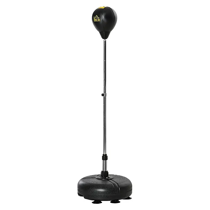 Homcom Boxsack - Schwarz - Schwarz-gelber freistehender Speedball mit verstellbarer Chromstange und schwarzem Standfuß mit Saugnäpfen.
