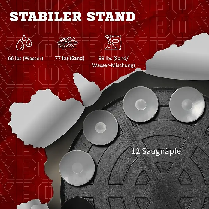 Sportnow Boxsack - Schwarz - Schwarzer, befüllbarer Standfuß mit 12 Saugnäpfen, zeigt Stabilität für Wasser (66 lbs), Sand (77 lbs) oder Sand/Wasser-Mischung (88 lbs).