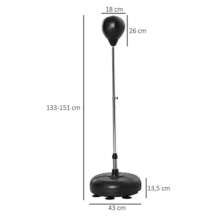 Homcom Boxsack - Schwarz - Verstellbarer schwarzer freistehender Boxball mit Chromständer und beschwerter Basis. Gesamthöhe 133-151 cm, Ball 18x26 cm, Basis 43x13,5 cm.