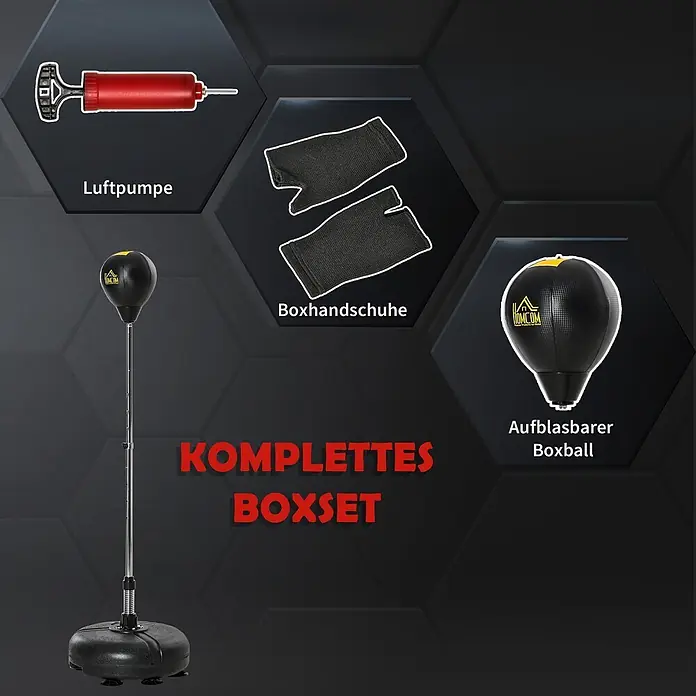 Homcom Boxsack - Schwarz - Komplettes Boxset mit Steh-Punchingball, Luftpumpe und schwarzen Boxhandschuhen.
