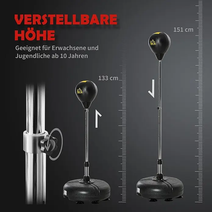 Homcom Boxsack - Schwarz - Schwarzer Boxsack auf verstellbarem silbernem Ständer, gezeigt in Höhen von 133 cm und 151 cm, mit Höhenverstellmechanismus.