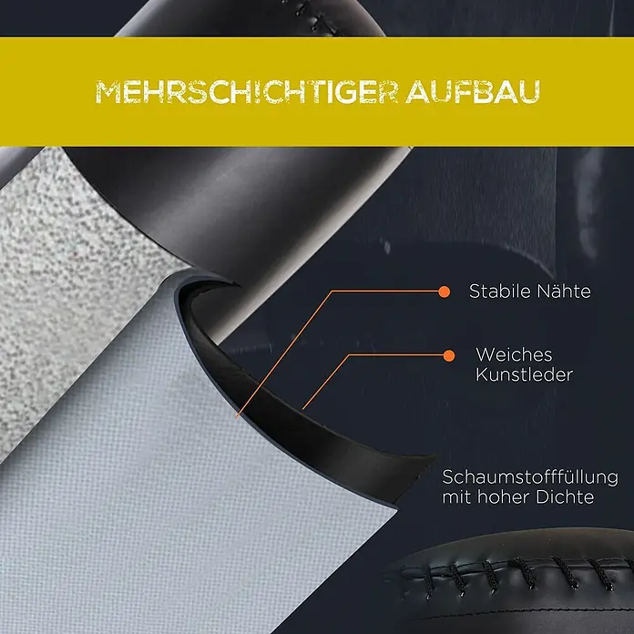 Homcom Boxsack - Schwarz - Schnittansicht eines schwarzen Produkts mit mehrschichtigem Aufbau: weiches Kunstleder, hochdichte Schaumstofffüllung, stabile Nähte.