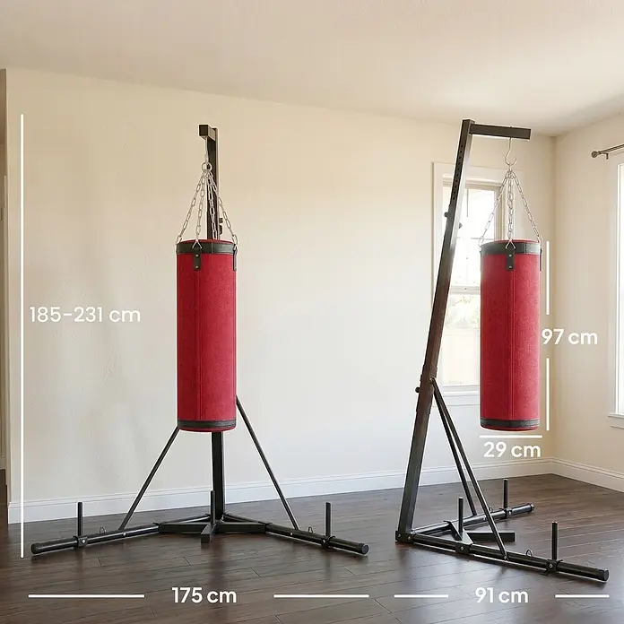 Sportnow Boxsack - Rot - Verstellbarer Boxsackständer mit rotem Boxsack und Maßen in einem Raum. Zwei Höhen gezeigt.