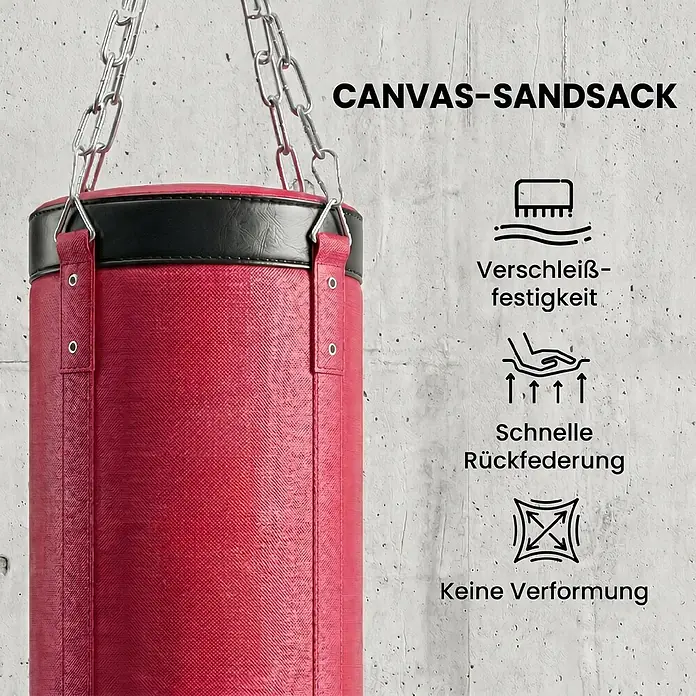 Sportnow Boxsack - Rot - Roter Canvas-Boxsack mit schwarzem Oberteil, an Metallketten hängend.