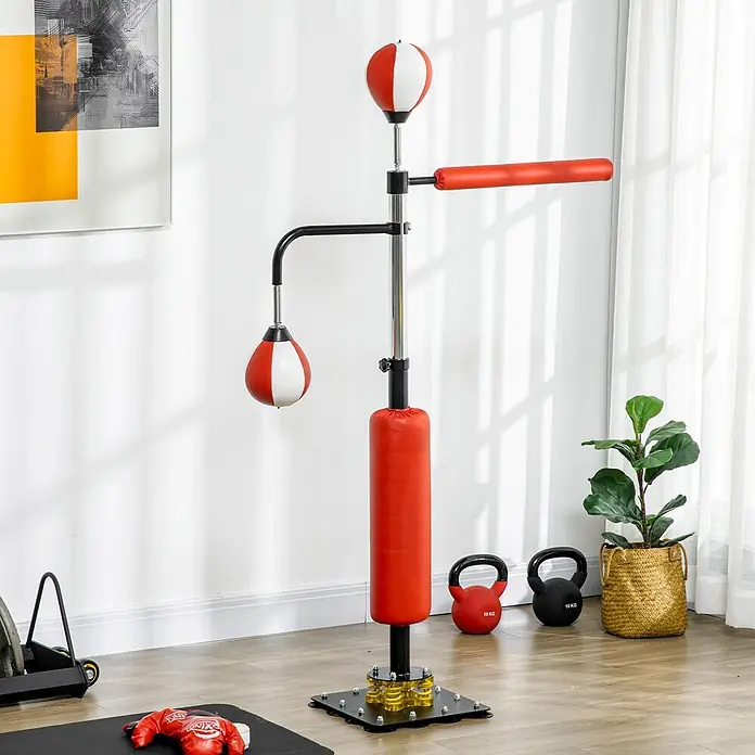 Sportnow Boxsack - Mehrfarbig - Freistehender Box-Reflexball-Trainer in Rot und Weiß mit Speedball, Spinning-Bar und Boxsack auf stabilem schwarzem Sockel.