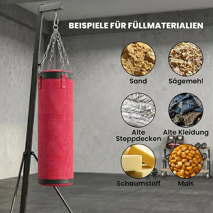 Sportnow Boxsack - Rot - Roter Boxsack am Ständer, mit visuellen Beispielen für verschiedene Füllmaterialien.