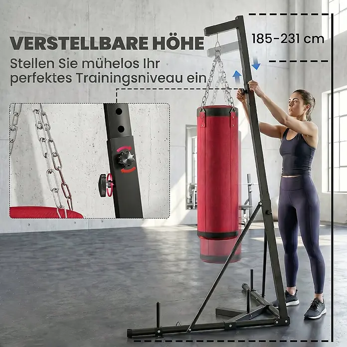 Sportnow Boxsack - Rot - Frau stellt die Höhe eines schwarzen Boxsackständers mit rotem Sack ein, zeigt den einstellbaren Bereich von 185-231 cm.