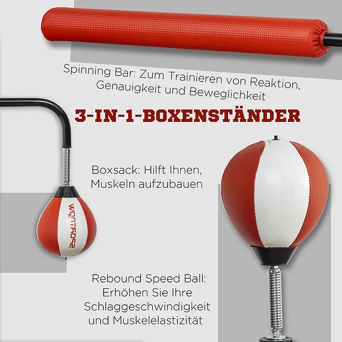 Sportnow Boxsack - Mehrfarbig - Rot-weißer 3-in-1 Boxständer mit Spinning Bar, Boxsack und Rebound Speed Ball zum Training von Reaktion, Genauigkeit, Geschwindigkeit und Elastizität.