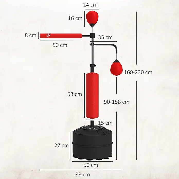 Homcom Boxsack - Rot - Verstellbarer Boxsackständer in Rot und Schwarz mit Speedball, Reflexstange und Boxsack, Gesamthöhe 160-230 cm, Basis Ø 50 cm.