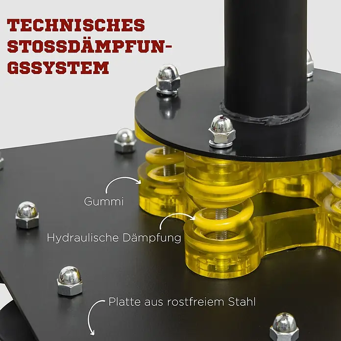Sportnow Boxsack - Mehrfarbig - Technisches Stoßdämpfungssystem mit schwarzen Metallplatten, gelben transparenten Dämpfungselementen und silbernen Muttern.