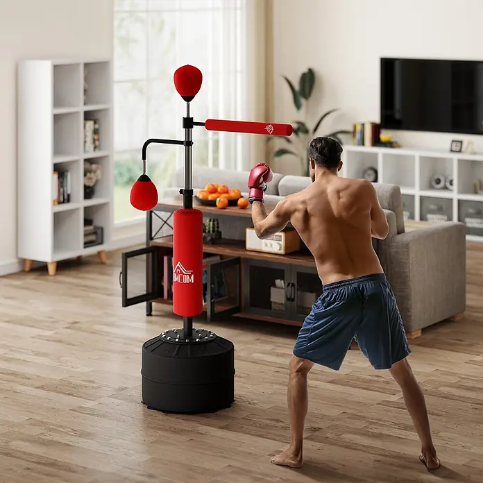 Homcom Boxsack - Rot - Ein Mann mit roten Boxhandschuhen trainiert mit einem roten und schwarzen Standboxsack, Speedball und Drehgelenkstange im Wohnzimmer.