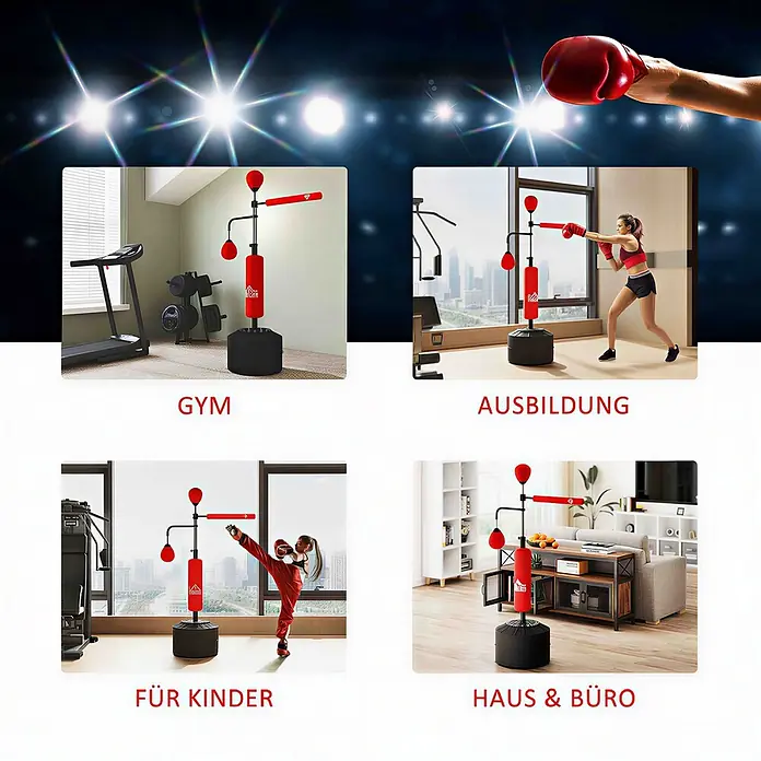 Homcom Boxsack - Rot - Roter und schwarzer freistehender Boxsack mit Speedball und Reflexstange, für das Training von Erwachsenen und Kindern in verschiedenen Umgebungen.