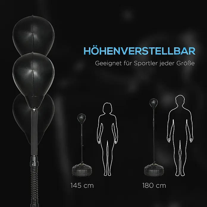 Sportnow Boxsack - Schwarz - Höhenverstellbarer schwarzer Boxsack, dargestellt bei 145 cm und 180 cm neben menschlichen Silhouetten.