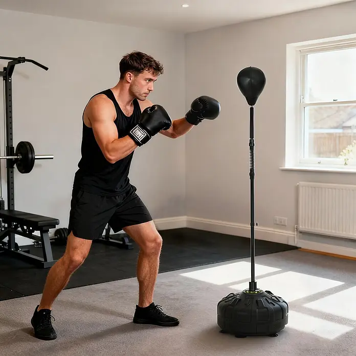 Sportnow Boxsack - Schwarz - Ein Mann mit Boxhandschuhen schlägt auf einen schwarzen, freistehenden Boxsack in einem Fitnessraum.