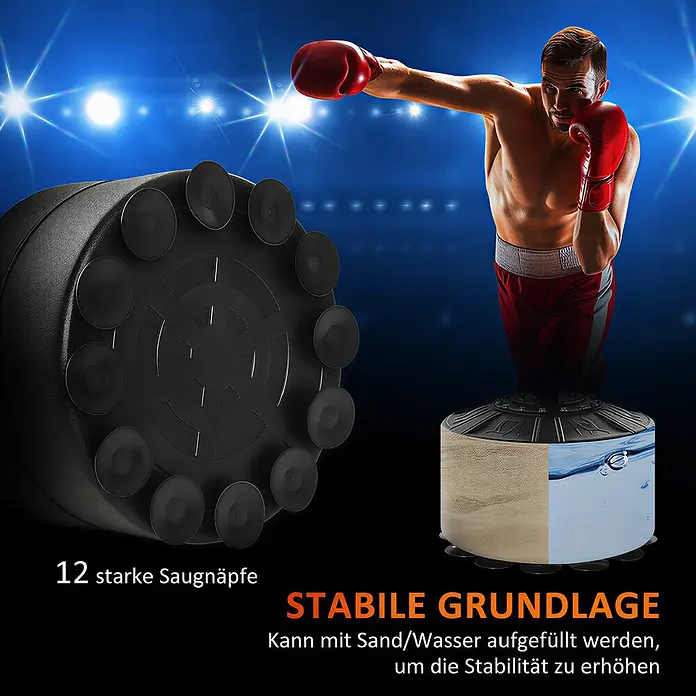 Homcom Boxsack - Rot - Schwarze freistehende Boxsackbasis mit Saugnäpfen, mit Sand/Wasser befüllbar für Stabilität. Boxer gezeigt.