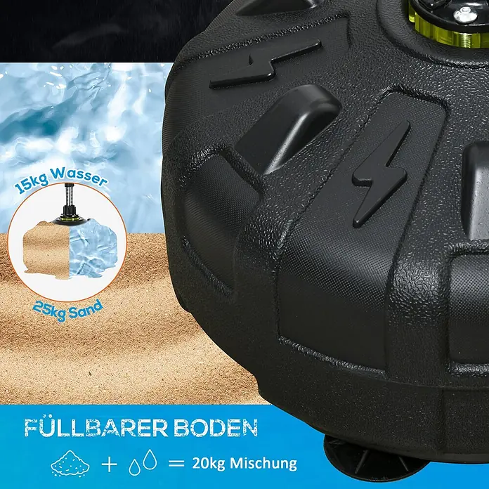 Sportnow Boxsack - Schwarz - Schwarzer, texturierter Kunststoff-Füllsockel für Fitnessgeräte, zeigt Sand (25kg) und Wasser (15kg) als Fülloptionen.