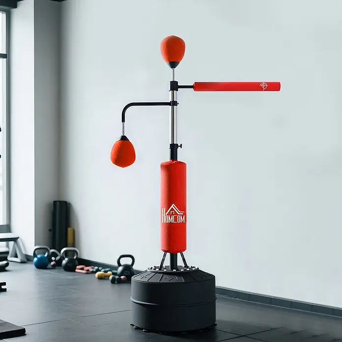 Homcom Boxsack - Rot - Rot-schwarzer, freistehender Boxtrainer mit Sandsack, zwei Speedbällen und einer rotierenden Reflexstange.