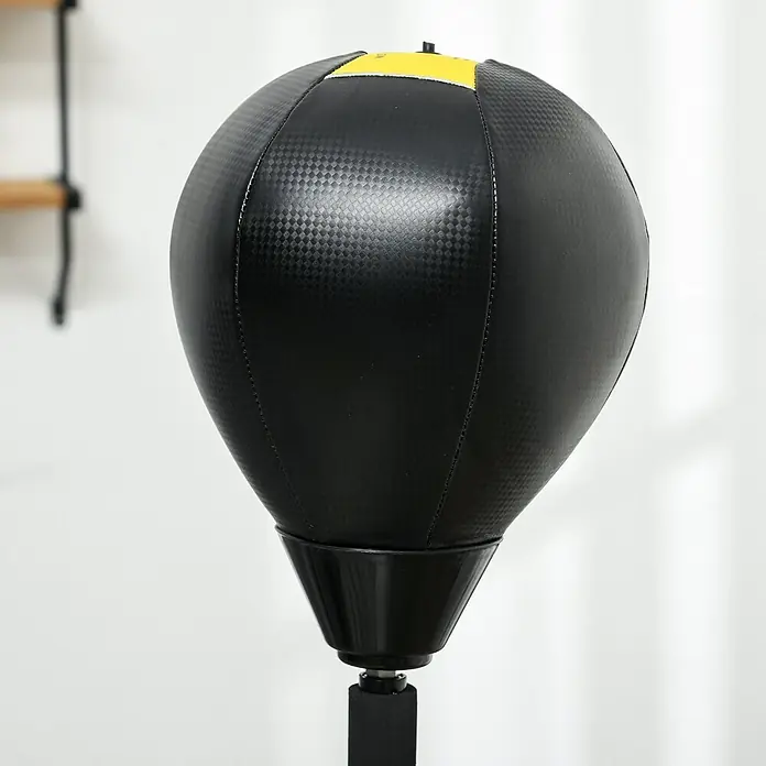 Sportnow Boxsack - Schwarz - Schwarzer, texturierter Speed-Punchingball mit gelbem Akzent, auf einem Ständer montiert.