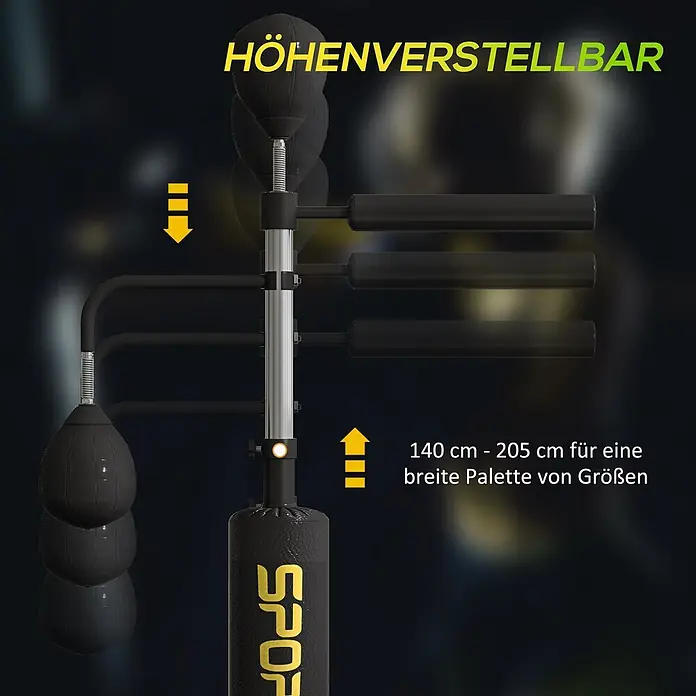 Sportnow Boxsack - Schwarz - Höhenverstellbarer Box-Trainingsstand in Schwarz und Silber mit Boxsack, einstellbar von 140 cm bis 205 cm.