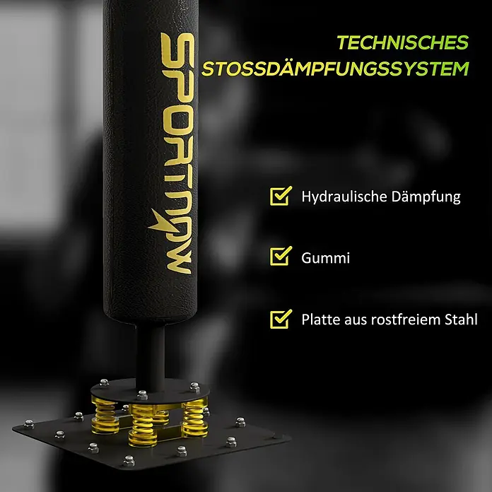 Sportnow Boxsack - Schwarz - Schwarzer Boxsack mit goldenem 'SPORTNOW'-Logo und technischem Stoßdämpfungssystem mit gelben Federn und Edelstahl-Bodenplatte.