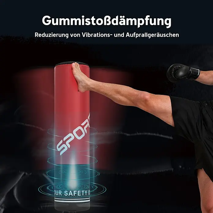 Sportnow Boxsack - Rot - Roter Boxsack wird getreten, demonstriert Gummistoßdämpfung und Geräuschreduzierung.