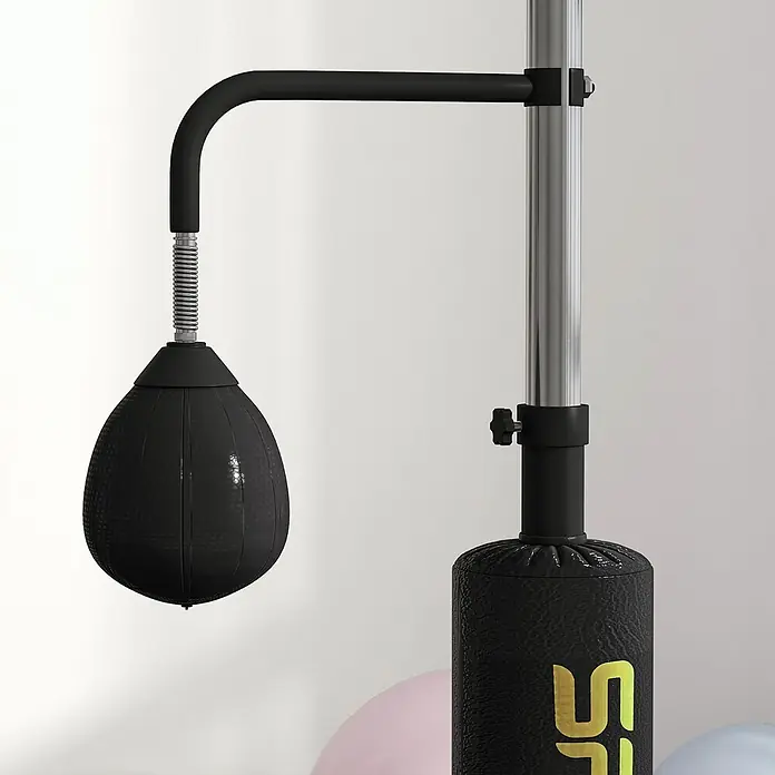 Sportnow Boxsack - Schwarz - Schwarzer tropfenförmiger Reflex-Boxsack an einem höhenverstellbaren silber-schwarzen Ständer mit strukturierter Basis.