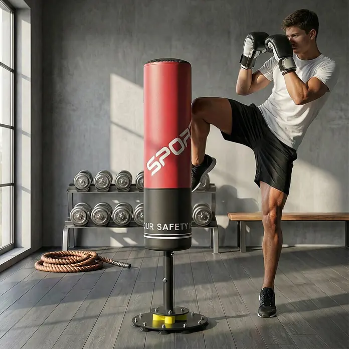 Sportnow Boxsack - Rot - Ein rot-schwarzer freistehender Boxsack, der von einem Mann im Fitnessstudio getreten wird, für Kampfsporttraining.