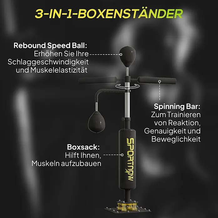 Sportnow Boxsack - Schwarz - Ein schwarzer und silberner 3-in-1-Boxenständer mit Rebound-Speedball, Spinning Bar und Boxsack, ideal für Reaktions- und Krafttraining.