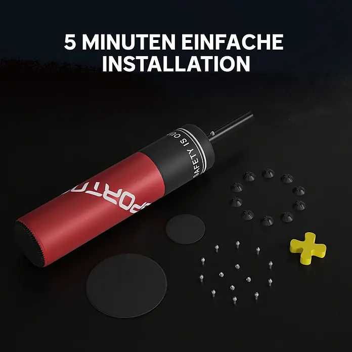 Sportnow Boxsack - Rot - Roter und schwarzer Reflex-Boxsack mit schwarzen Saugnäpfen, silbernen Schrauben, schwarzen Pads und gelbem Werkzeug zur einfachen Installation.