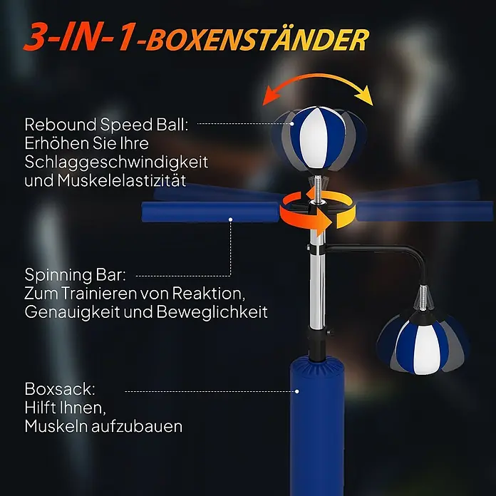 Sportnow Boxsack - Blau - 3-in-1 Boxenständer mit Rebound Speed Ball, Spinning Bar und Boxsack in Blau, Weiß, Schwarz, Silber zum Boxtraining.
