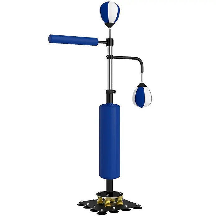 Sportnow Boxsack - Blau - Blauer und weißer Boxständer mit Punchingball, Speedbag und Spinning-Bar auf einer Federbasis mit Saugnäpfen.