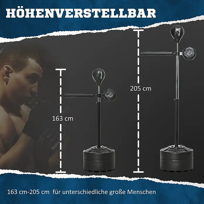 Sportnow Boxsack - Schwarz - Schwarzer höhenverstellbarer Boxsackständer, gezeigt auf 163 cm und 205 cm, passend für verschiedene Körpergrößen.