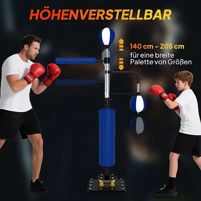 Sportnow Boxsack - Blau - Höhenverstellbare Box-Trainingsstation (blau/weiß), genutzt von Erwachsenem und Kind, zeigt Anpassbarkeit von 140-205 cm.