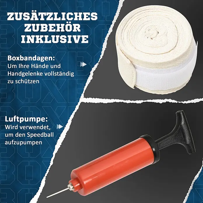Sportnow Boxsack - Schwarz - Zwei Zubehörteile: gerollte weiße Boxbandagen zum Handschutz und eine rot-schwarze Luftpumpe zum Aufpumpen von Speedbällen.