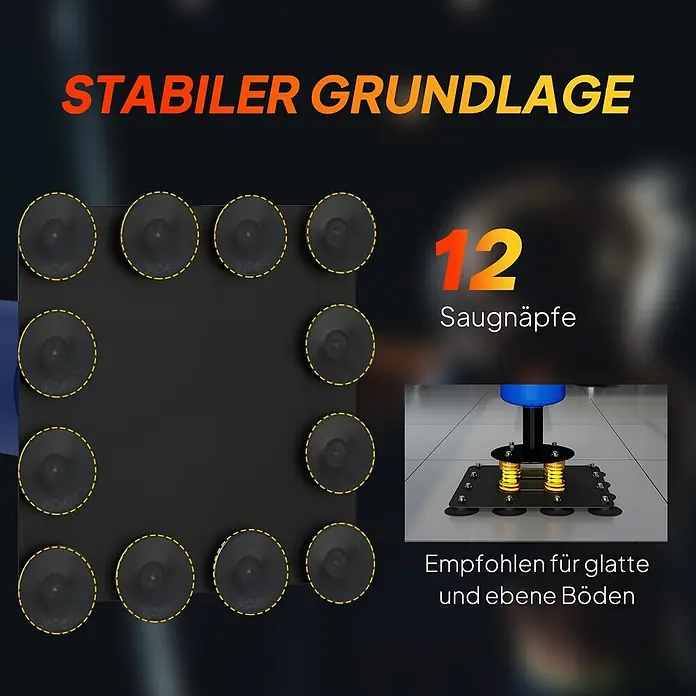 Sportnow Boxsack - Blau - Schwarze Basis mit 12 Saugnäpfen für stabilen Halt, empfohlen für glatte und ebene Böden.