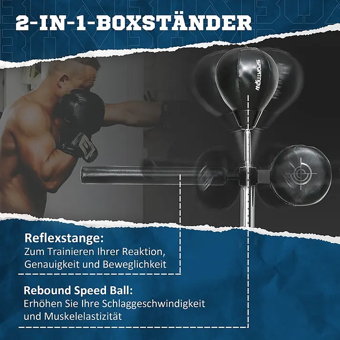 Sportnow Boxsack - Schwarz - Ein Mann trainiert an einem schwarzen 2-in-1 Boxständer mit Reflexstange und Rebound Speed Ball.