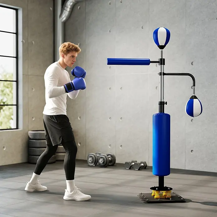 Sportnow Boxsack - Blau - Ein Mann in blauen Boxhandschuhen trainiert an einer freistehenden Boxstation mit blauem Sandsack, Speedbällen und Armpolster.