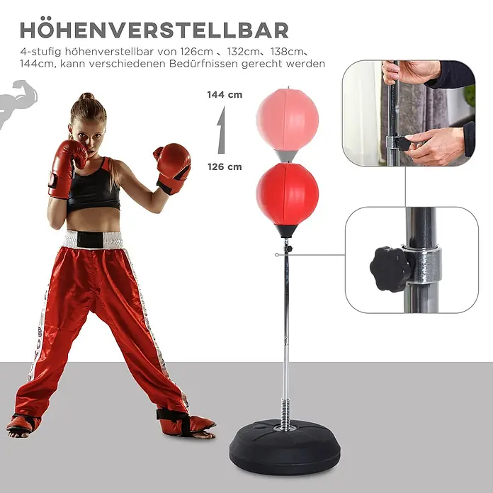 Homcom Boxsack - Rot - Höhenverstellbarer Kinder-Boxsack mit roten Speedbällen, Chromstange und schwarzem Fuß. Ein Kind in Boxausrüstung steht dabei.