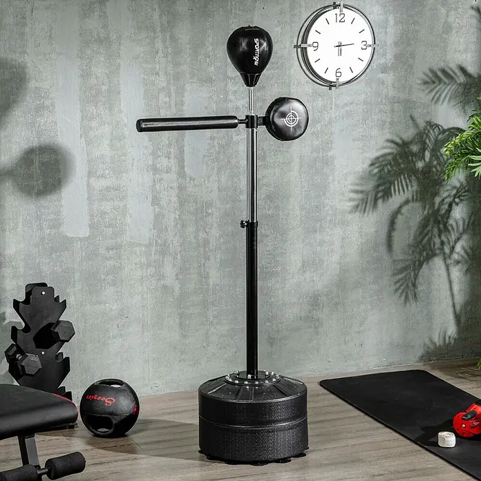Sportnow Boxsack - Schwarz - Ein schwarzer und silberner freistehender Boxreflexball mit Speedball und Spinnstange.