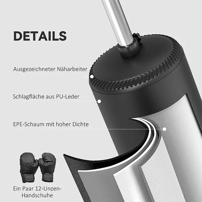 Homcom Boxsack - Schwarz - Nahaufnahme eines Boxsacks mit PU-Leder, EPE-Schaumstoffschichten, feiner Naht und einem Paar 12-Unzen-Boxhandschuhen.