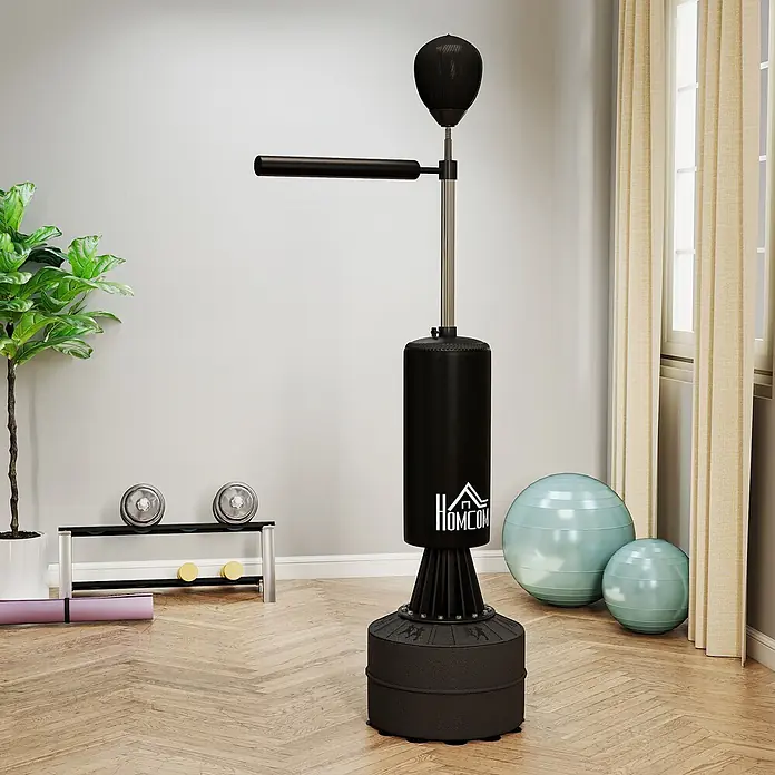 Homcom Boxsack - Schwarz - Schwarzer Standboxsack mit Speedball und drehbarer Stange, ideal für das Fitnesstraining zu Hause.