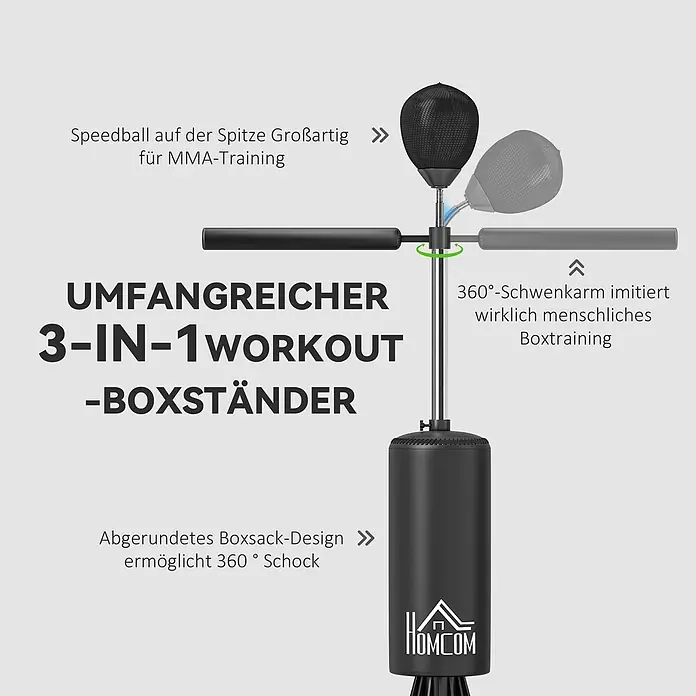 Homcom Boxsack - Schwarz - Schwarzer 3-in-1 Boxständer mit Speedball, Schwenkarm und Boxsack.