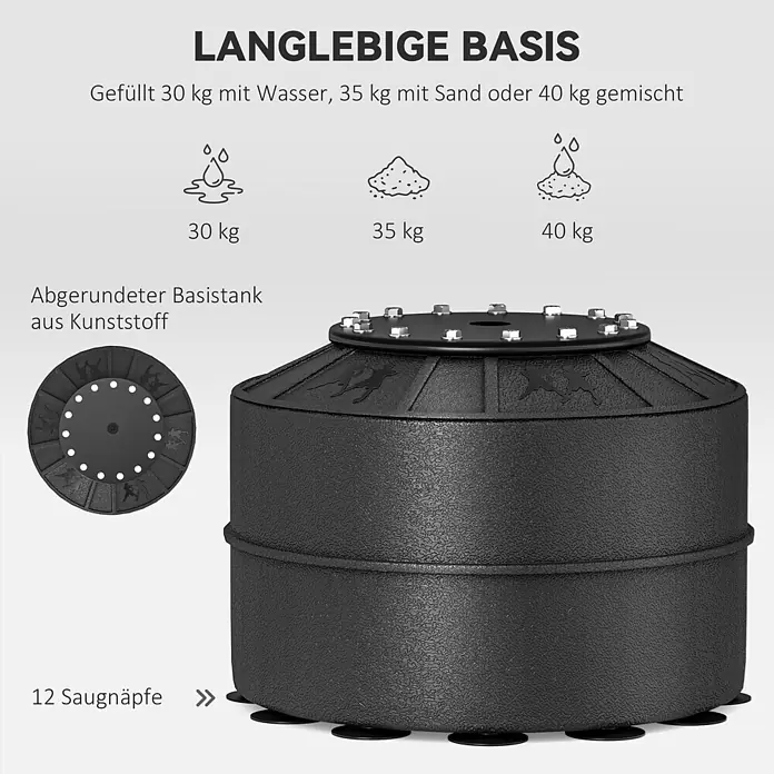Homcom Boxsack - Schwarz - Schwarzer, abgerundeter Kunststoff-Basistank, füllbar mit 30 kg Wasser, 35 kg Sand oder 40 kg Gemisch. Unten 12 Saugnäpfe für Stabilität.