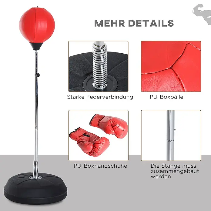 Homcom Boxsack - Rot - Freistehender roter Boxsack mit verstellbarer Chromstange, Federfuß und passenden roten PU-Boxhandschuhen.